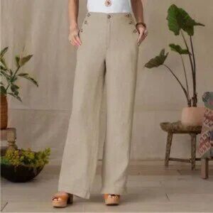 Sundance Oaklee Easy High Waist Linen Trouser Pants 10P Color Flax Tan Wide Leg